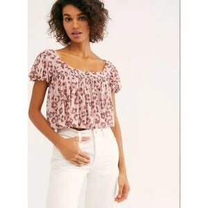 FP Free People Pink Animal Print Black Crop Bubble Hem Blouse Medium Lined